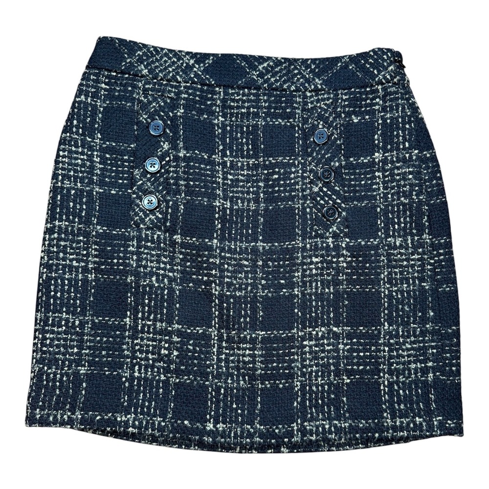 Loft Petites Black Cream Tweed Plaid Button Front Mini Skirt Size 0P Petite